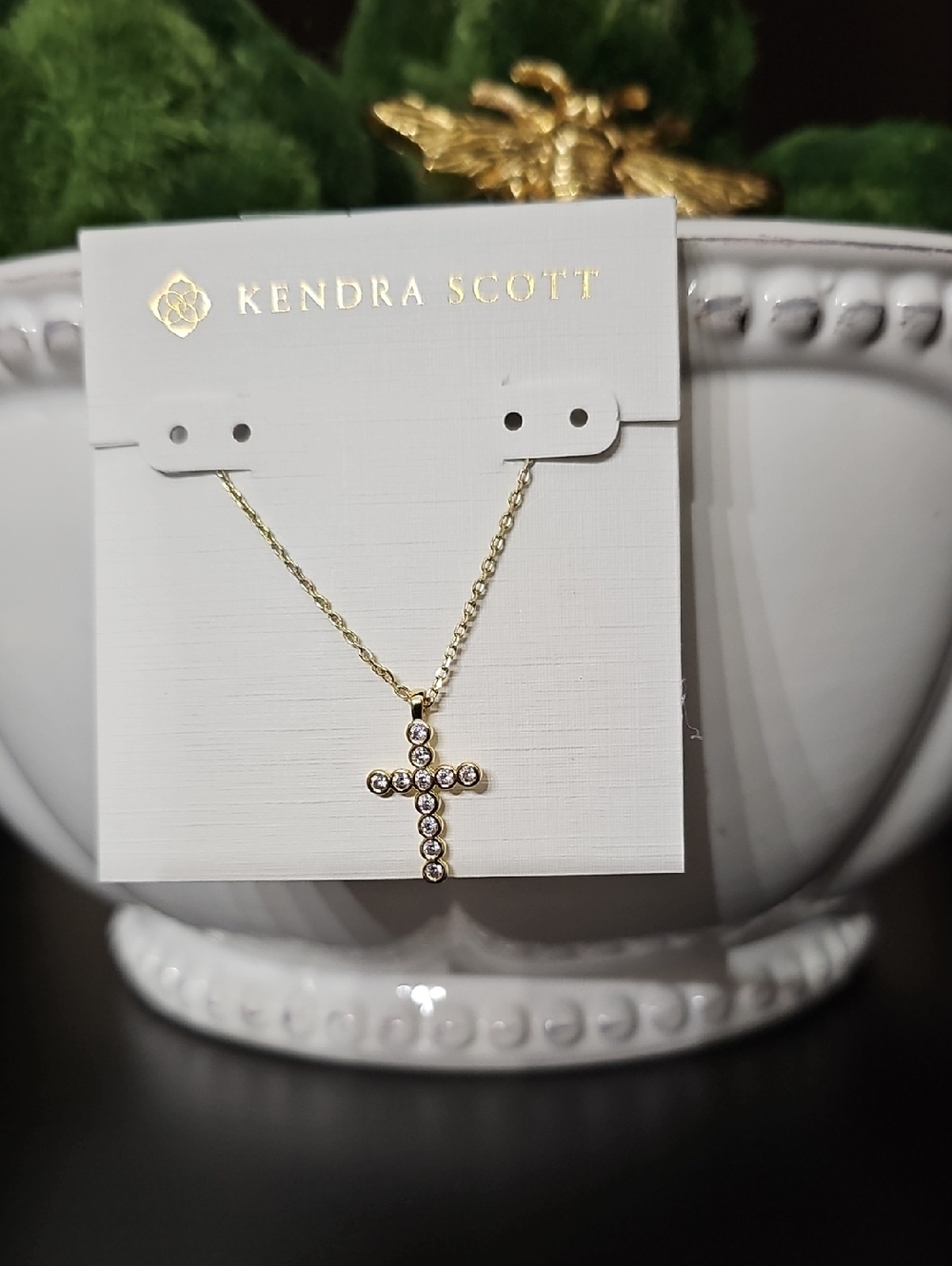 Kendra Scott Cross Gold Pendant Necklace in White CZ